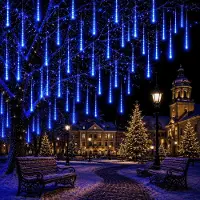 Lapamax Catena luminosa a forma di pioggia di meteoriti, luci che simulano stelle cadenti, decorazioni natalizie per giardino, adatte anche per Halloween, colore blu, 30 cm, 192 LED