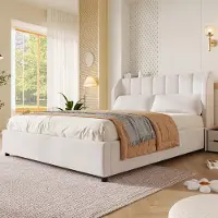 Merax Letto imbottito 140x200 cm, letto per bambini a basso profilo con testiera imbottita, rete a doghe, 2 cuscini decorativi, letto matrimoniale in velluto, letto per adolescenti, color beige