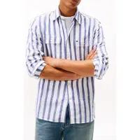 Tommy Hilfiger Brushed Linen Twill Shirt Bold Blue/stripe Taglia: L | Camicie Casual Outlet | Uomo | Bianco