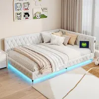 StarTech.com Divano letto imbottito - Struttura letto 140 x 200 cm - Illuminazione a LED - Porta USB - Spazio contenitivo - Retino - Beige