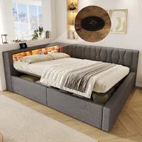 Flieks Divano letto idraulico , 140x200 cm, con porta USB, letto a castello imbottito, divano letto in ecopelle, divano letto trasformabile con contenitore, tessuto in lino, colore grigio