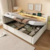 Flieks Divano letto 140x200 cm con USB e rivestimento in ecopelle, letto imbottito per ragazzi con contenitore a sollevamento idraulico e ripiani, divano letto "daybed" in lino, color beige