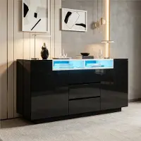Merax Mobile bar con finitura lucida e illuminazione a LED, mobiletto contenitore con 3 cassetti e 2 ante a forma di L, armadio per il soggiorno con ripiani interni regolabili, colore nero
