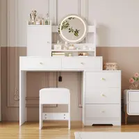 Flieks tavolo da toilette con sgabello e specchio, tavolo da trucco con armadietto e spazio di archiviazione, specchio con led, 120x40x132 cm, bianco