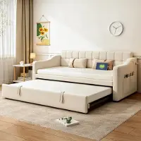 MODFU Letto a giorno 90x190, divano letto estendibile 180x190 cm, letto imbottito in velluto, divano letto per ragazzi con rete a doghe, senza materasso, color beige