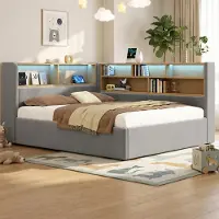 MODFU Daybett, divano letto imbottito 140x190, tessuto velluto, con spazio contenitore idraulico, divano letto diurno con luci LED e prese USB/Type-C, senza materasso, colore grigio