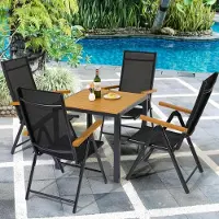 StarTech.com Set di mobili da balcone, 5 pezzi - Set da giardino in alluminio - Tavolo + 4 sedie pieghevoli - Schienale alto regolabile in 7 posizioni - Per 4 persone - Aspetto legno con bordi neri