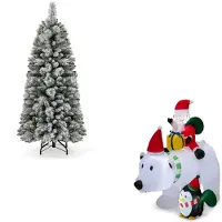 Costway Albero artificiale aghi pino led e babbo natale gonfiabile orso, Albero natale pieghevole bianco caldo e gonfiabile di natale