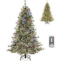 Costway Albero di Natale artificiale con punte di pino e setole in PVC luci LED multicolore, Albero festivo pre-illuminato 180CM