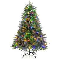Costway Albero di Natale pre-illuminato con cerniera 844 punte di ramo luci LED multi-colori, Albero di Natale 150cm