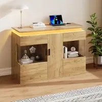 OKWISH Mobile contenitore laterale con porta USB e connettore Type-C, mobile per soggiorno con luci LED e ante in vetro, con luce regolabile, finitura rovere chiaro