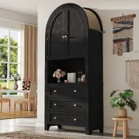 OKWISH Mobiletto da cucina con cassetti, mobile alto con ante, mobile da cucina con sezione espositiva aperta, nero