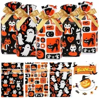 Sonstiges Sacchetti per dolcetti di Halloween, 50 pezzi, colori assortiti, plastica, con chiusura a cordoncino, dimensioni 14,7 x 22,9 x 6 cm