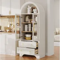 OKWISH Mobile contenitore con 2 cassetti e ante in vetro, pensili da cucina con ripiani regolabili, maniglie in metallo, design a doppia anta, colore bianco