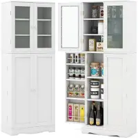 Costway Mobile dispensa da cucina alto 161,5cm con ante in vetro ripiani di stoccaggio, Armadio dispensa per alimenti Bianco