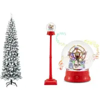 Costway Abete artificiale 225cm pvc e lampione natale musicale 15 led, Abete innevato pieghevole e globo neve rotante panoramica