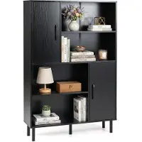 Costway Credenza mobile da cucina con 2 ante 4 ripiani aperti e 5 gambe in metallo, Libreria verticale in legno Nero
