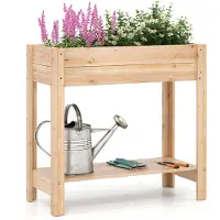 Costway Letto da giardino rialzato in legno con gambe per fiori erbe, Fioriera elevata con mensola di stoccaggio Naturale