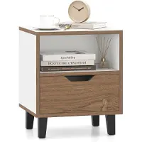 Costway Comodino tavolino da letto con cassetto e scomparto aperto, Tavolo laterale con gambe in metallo per diverse stanze 1 x Comodino