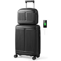 Costway Set di bagagli da 2 pezzi con valigia da 20"e casetta da trucco da 14", Bagaglio in materiale PP rigido leggero con porta USB Nero