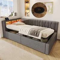 Flieks Divano letto idraulico 90x200 cm con porta USB, letto per ragazzi, divano letto singolo imbottito in ecopelle, divano letto trasformabile con contenitore, tessuto in lino, colore grigio