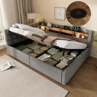 Flieks Divano letto 140x200 cm con USB e rivestimento in ecopelle, letto imbottito per ragazzi con contenitore a sollevamento idraulico e ripiani, divano letto "daybed" in lino, colore grigio