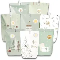 Sonstiges Calendario dell'Avvento da realizzare, composto da 28 sacchetti di carta con motivi natalizi, numeri adesivi, graffette di legno e nastro verde