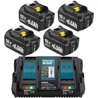 StarTech.com Set di batterie da 18V - Batteria di ricambio agli ioni di litio per utensili elettrici - 4 batterie da 6000mAh compatibili con BL1830, BL1840, BL1850, BL1860 - Caricabatterie rapido duale da 6A
