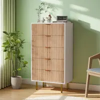 UnboxG Comodino con 5 cassetti, dimensioni 60x34x109,8 cm – Mobiletto contenitore con maniglie e piedini in metallo dorato, cassettiera moderna con effetto legno a righe
