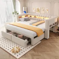 Flieks Divano letto 90x190 cm con letto estraibile 90x190 cm, divano letto trasformabile in chaise longue con porta USB, letto per ragazzi con contenitore e cassetti, tessuto velluto, colore beige