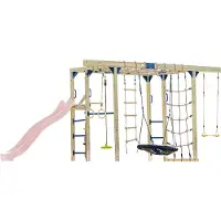 Axi Boris Struttura per arrampicata in legno con scivolo rosa pastello | Struttura per arrampicata attrezzata per bambini con diverse altalene, trapezio, reti per arrampicata e barre parallele