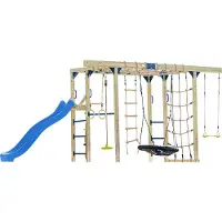 Axi Boris Struttura per arrampicata in legno con scivolo blu | Struttura per arrampicata attrezzata per bambini con diverse altalene, trapezio, reti per arrampicata e barre parallele
