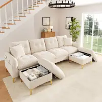 MODFU Divano letto , modello a 4 posti, divano modulare a forma di "U" con 2 poggiapiedi contenitori, imbottitura trapuntata con bottoni e gambe in metallo dorato, tessuto in chenille, colore beige