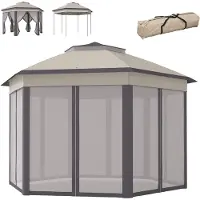 Outsunny , gazebo da giardino pieghevole con 6 pannelli laterali, tetto a doppia falda, colore caffè e beige