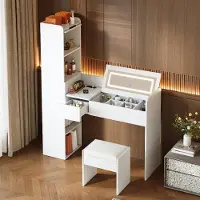 OKWISH Comò bianco con sgabello e pensile laterale, tavolino da trucco con specchio a LED e porta USB, ampio spazio di stoccaggio, ideale per la camera da letto
