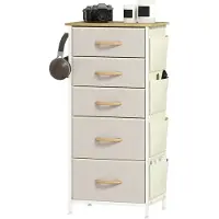 HOMCOM Comodino con 5 cassetti in tessuto non tessuto, ganci e tasca laterale, beige