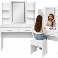 Wisam Tavolino da trucco con specchio a LED, ripiani e cassetti, bianco, 140 x 80 cm