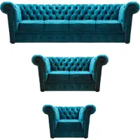 AEA Blau Sofa Set 3tlg Modern Textil Chesterfield Wohnzimmer Komplett