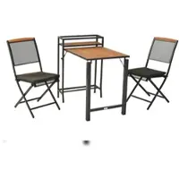 Merxx Set di mobili da giardino , 5 pezzi: 2 sedie pieghevoli, 2 cuscini per sedie, 1 tavolo pieghevole da balcone – alluminio/acciaio/acacia