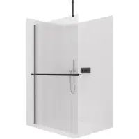 CERANO Pannello doccia angolare Walk-in Onyx Top Cube, versione sinistra/destra - 8 mm - struttura quadrata + ripiano/portasciugamani - nero opaco, vetro smerigliato - 160x200 cm