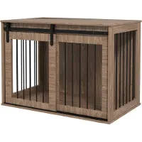 PawHut Gabbia per cani con porta scorrevole, cuccia per cani effetto legno, noce