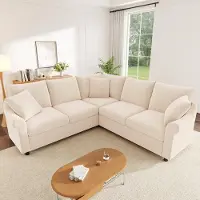 Flieks Divano angolare a forma di L, divano letto con meccanismo per trasformazione in letto e contenitore per biancheria, divano a 5 posti, dimensioni 217 x 217 x 83 cm, colore beige, tessuto chenille