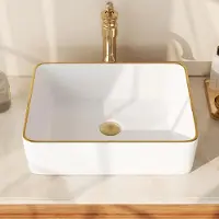 StarTech.com Lavabo - Modello DV-1V0365 - Lavabo da appoggio rettangolare - Vetroceramica - 9 litri - Senza foro per rubinetto - Bianco con bordo dorato