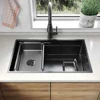 Sonni - Lavello quadrato a bordo sottile, 70 x 44 x 22,4 cm, nero, con griglia rettangolare, scarico e rubinetto
