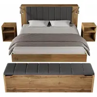StarTech.com Letto matrimoniale - Struttura in legno - 160 x 200 cm - Spazio contenitivo - Testiera pieghevole - 2 comodini - Lampade da lettura USB - Noce