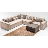AEA Divano angolare completo a forma di L, con poggiapiedi, imbottito, in tessuto, color beige