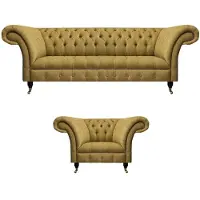AEA Wohnzimmer Gelbe Chesterfield Garnitur Dreisitzer Polster Sessel Möbel