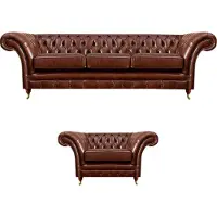 AEA Set marrone 2 pezzi divano a tre posti poltrona in pelle Chesterfield soggiorno