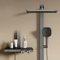 Emke Sistema doccia con termostato, antracite opaco - Flusso d'acqua regolabile, doccia a pioggia 36x24 cm, doccetta con 4 getti