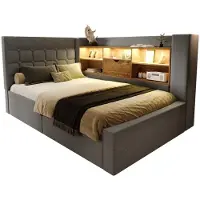 StarTech.com Letto imbottito - Letto singolo - Illuminazione a LED - Spazio contenitore con sistema idraulico - Testiera a forma di "L" - 90 x 190 cm - Rivestimento in lino - Grigio